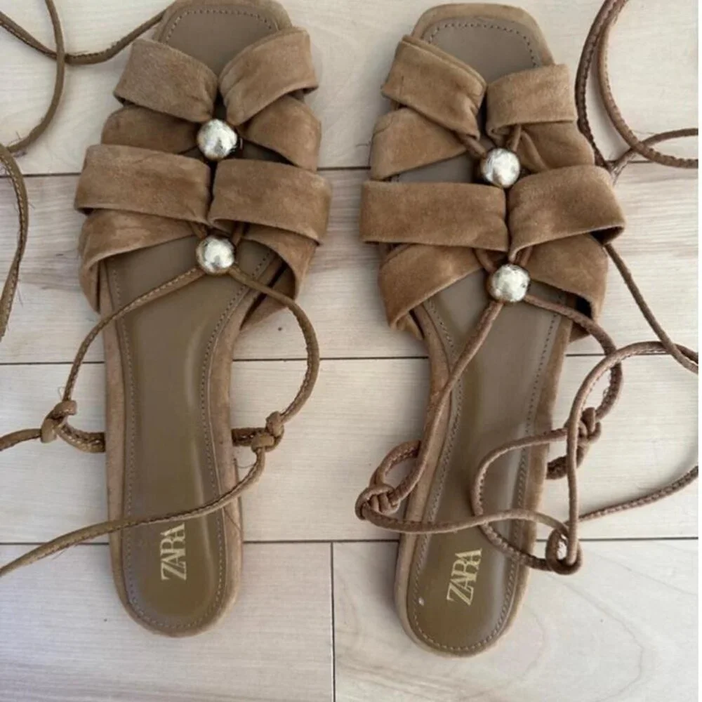 Greek-inspired lace-up sandals in soft faux suede with gold button details - Picture 3 of 7